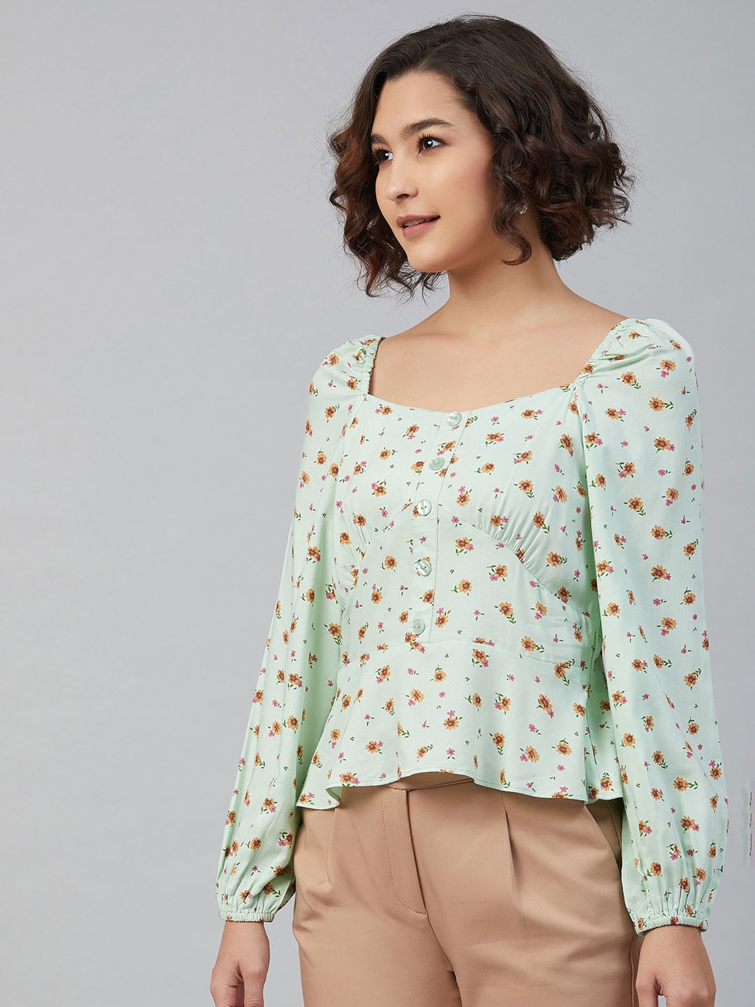 Marie Claire Light Green Floral Print Peplum Top