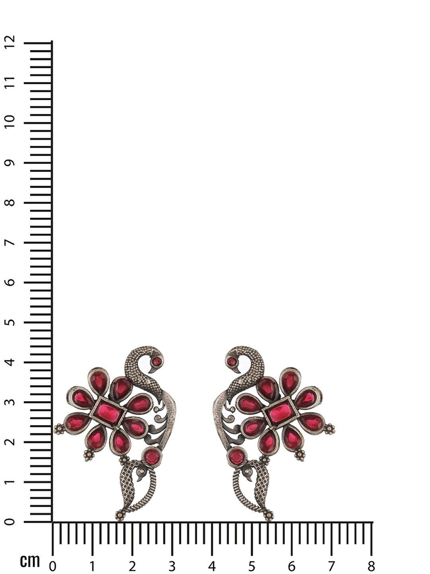 Aatmana Silver-Plated & Red Stone-Studded Oxidized Peacock Shaped Stud Earrings
