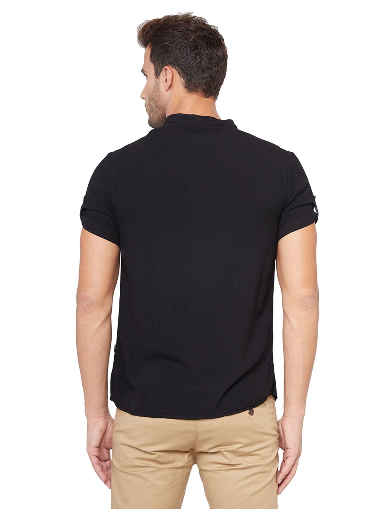 Identiti Black Short Sleeves Slim Fit Solid Short Kurta