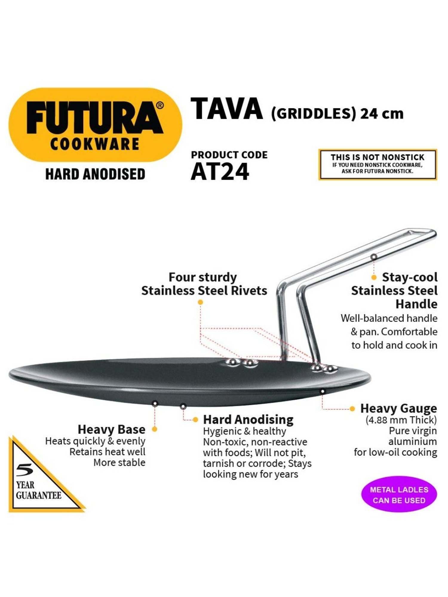 Nirlon Pure Grade Virgin Aluminium Non-stick Induction Base Flat Tawa - 26 cm Diameter