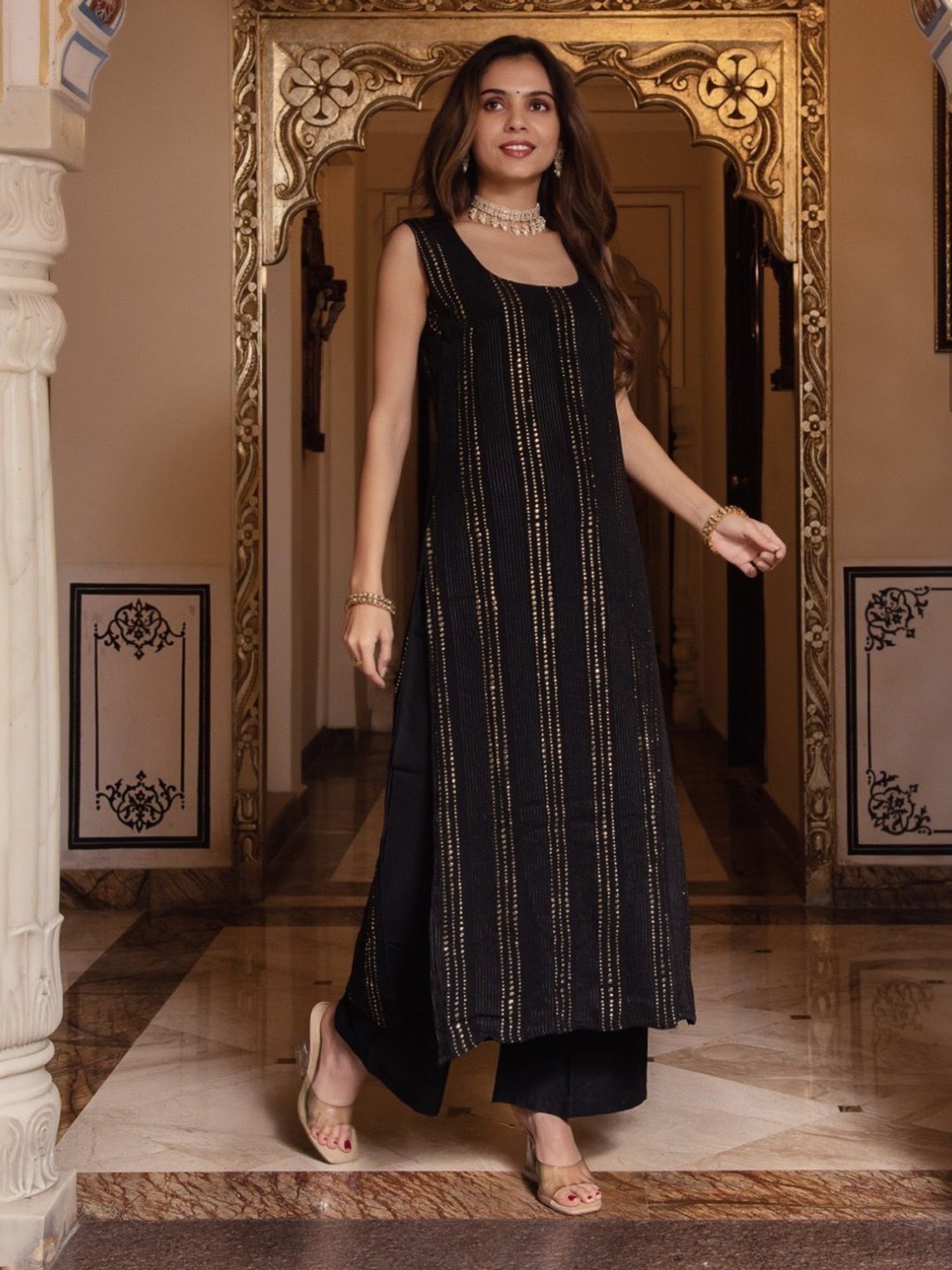 Calmna Black Golden Embroided Straight Kurta with Pant and Dupatta