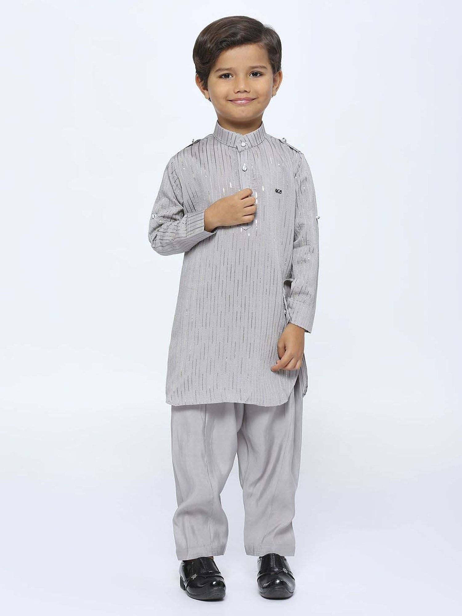 Kids Island Boys Grey Sequence Full Sleeves Kurta Set