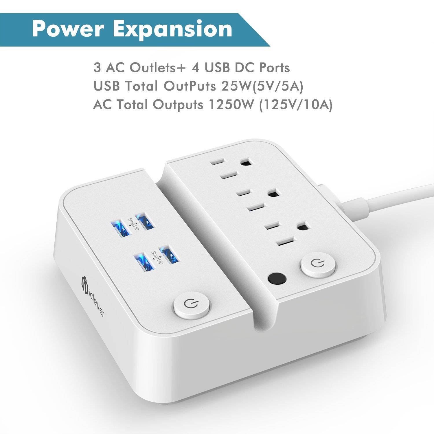 [Separate Switch Control] iClever BoostStrip IC-BS02 Smart Power Strip | USB Charger with 4 USB + 3 AC Outlets, Dual Switch Control Charging Station and Phone/Tablet Stand - White