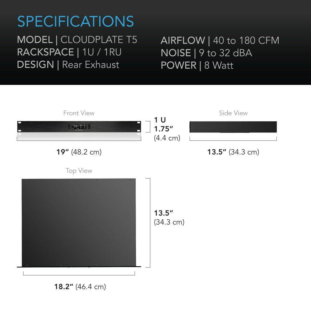 CLOUDPLATE T5, Rack Mount Cooling Fan 1U, Rear Exhaust, AV Equipment 19" Rack