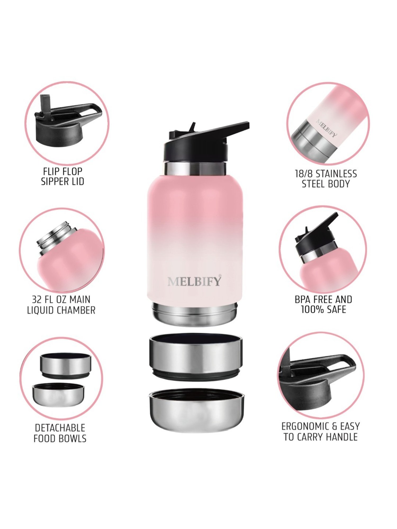 Melbify 2-in-1 Thermos Sipper Pink ThermoSteel Water Bottle (1L)