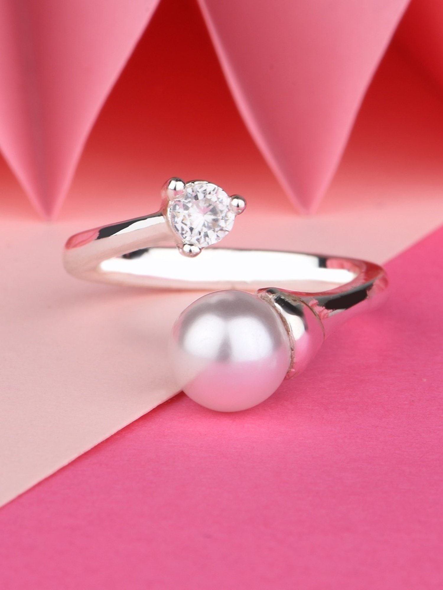 Lilly & Sparkle Brass Rhodium Plated CZ Stone and Pearl Studded Open Finger Ring