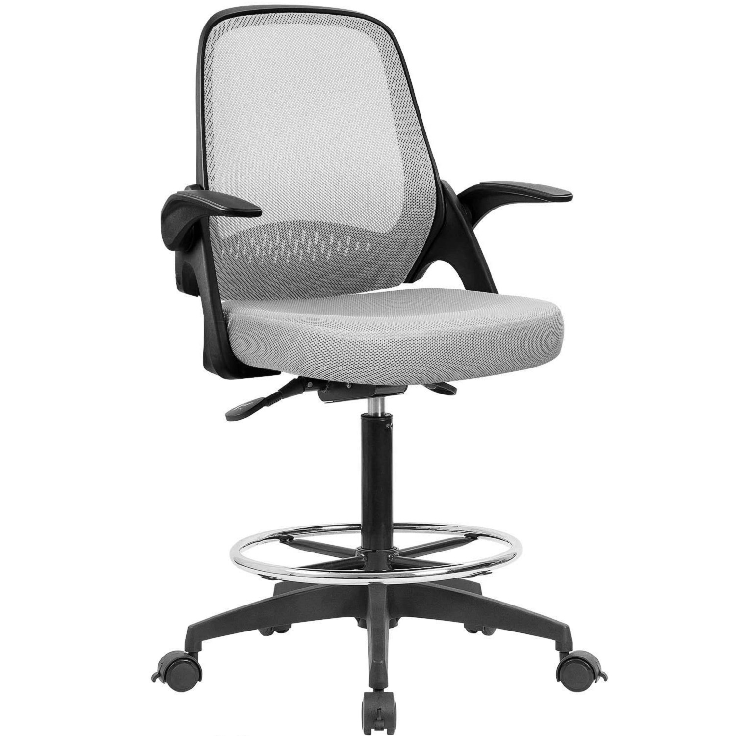 Devoko Drafting Chair with Flip-up Arms Tall Office Chair Executive Computer Standing Desk Chair with Lockable Wheel and Adjustable Footrest Ring (Black)