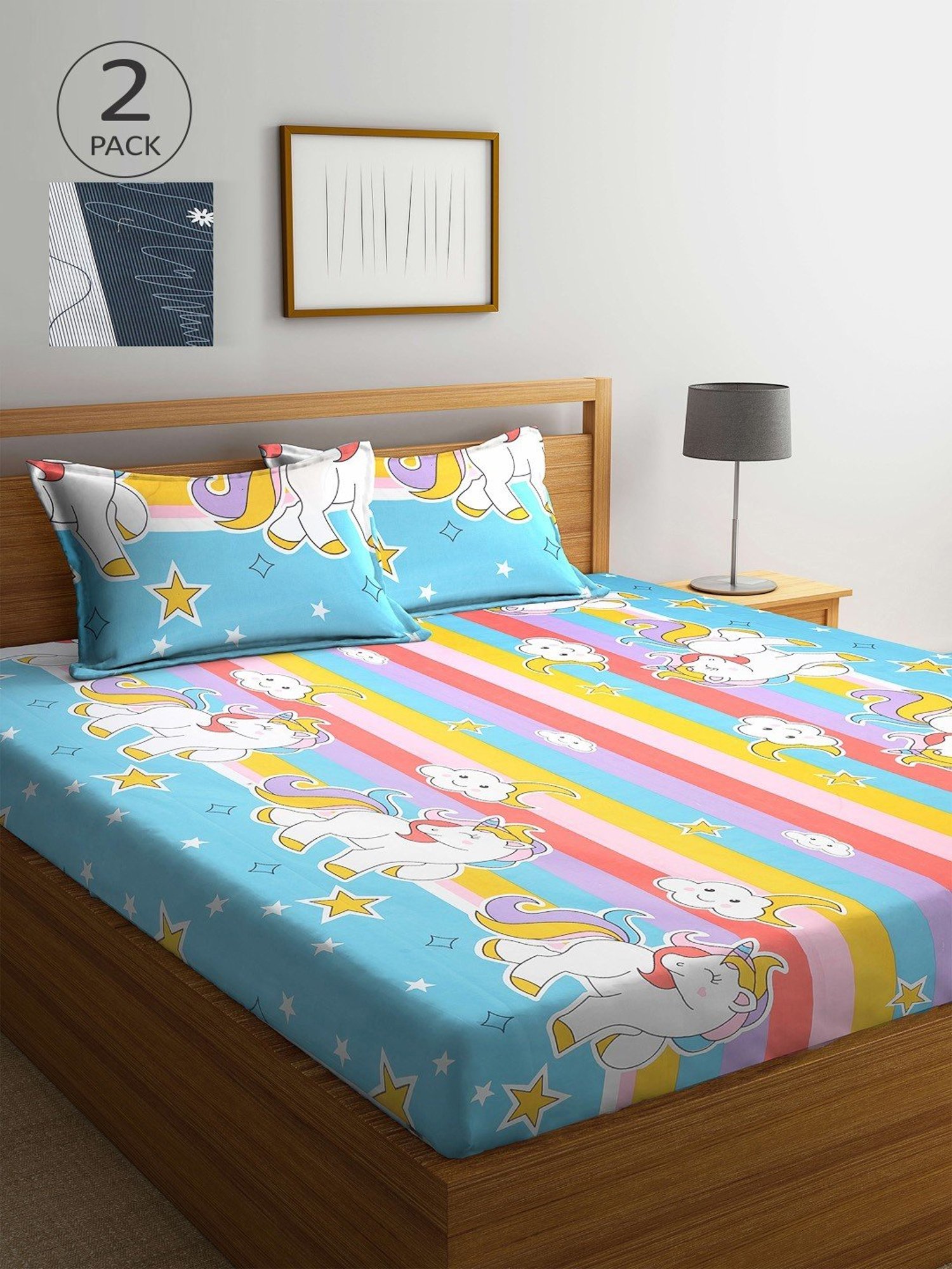 Klotthe Printed Sky Blue 210 TC Cotton Blend Double 2 Bed Sheets with 4 Pillow Covers