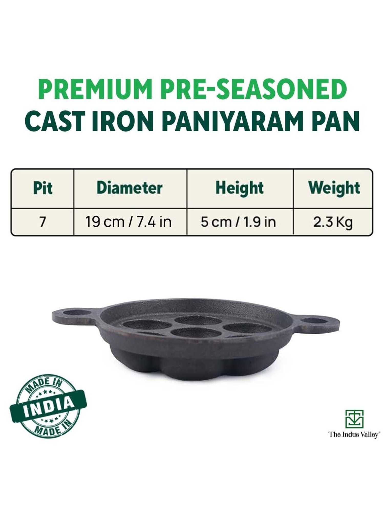 The Indus Valley Black Cast Iron 19cm 7-Pit Paniyaram Pan with Free Wooden Picker