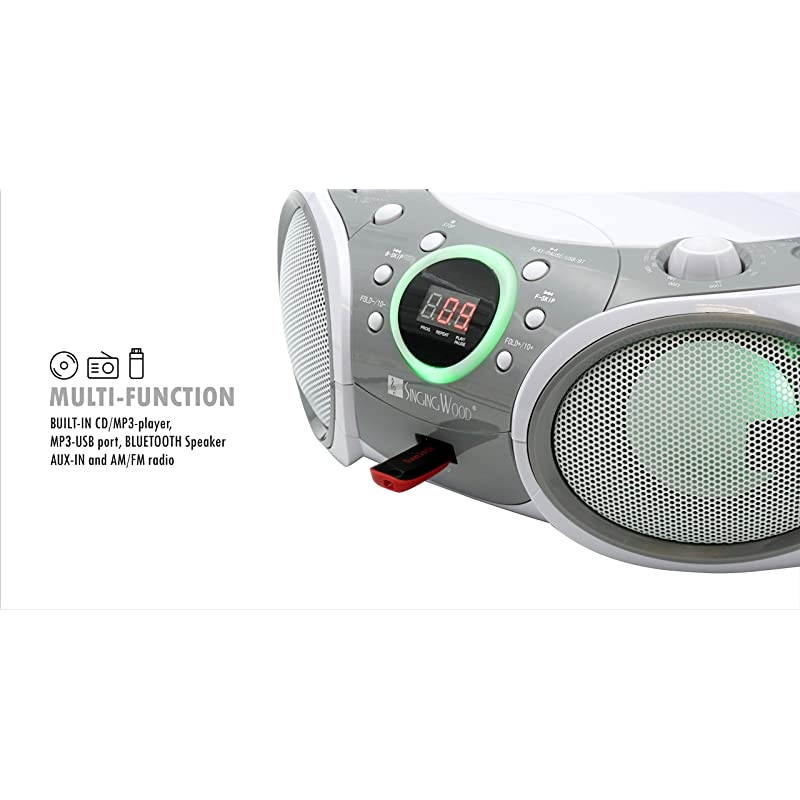 CDCDRCDRW Boombox Portablew Bluetooth USB AMFM Radio AUXInput Headset Jack Foldable Carrying Handle and LED Light Space Grey