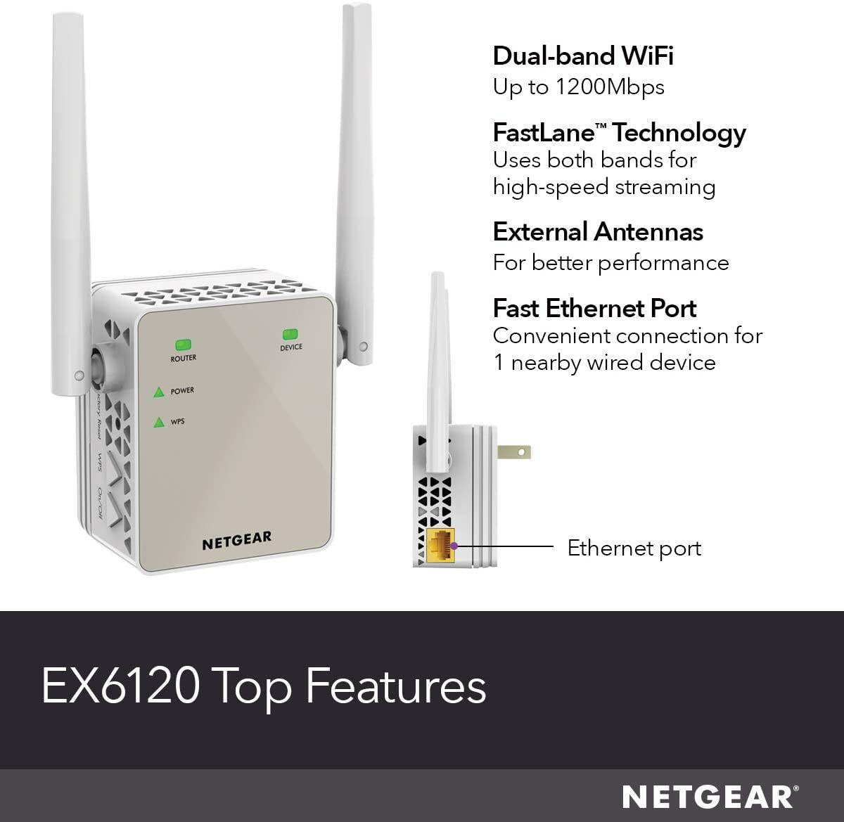 Wi-Fi Range Extender EX6120 - Coverage Up to 1200 Sq Ft and 20 Devices with AC1200 Dual Band Wireless Signal Booster & Repeater (Up to 1200Mbps Speed), and Compact Wall Plug Design