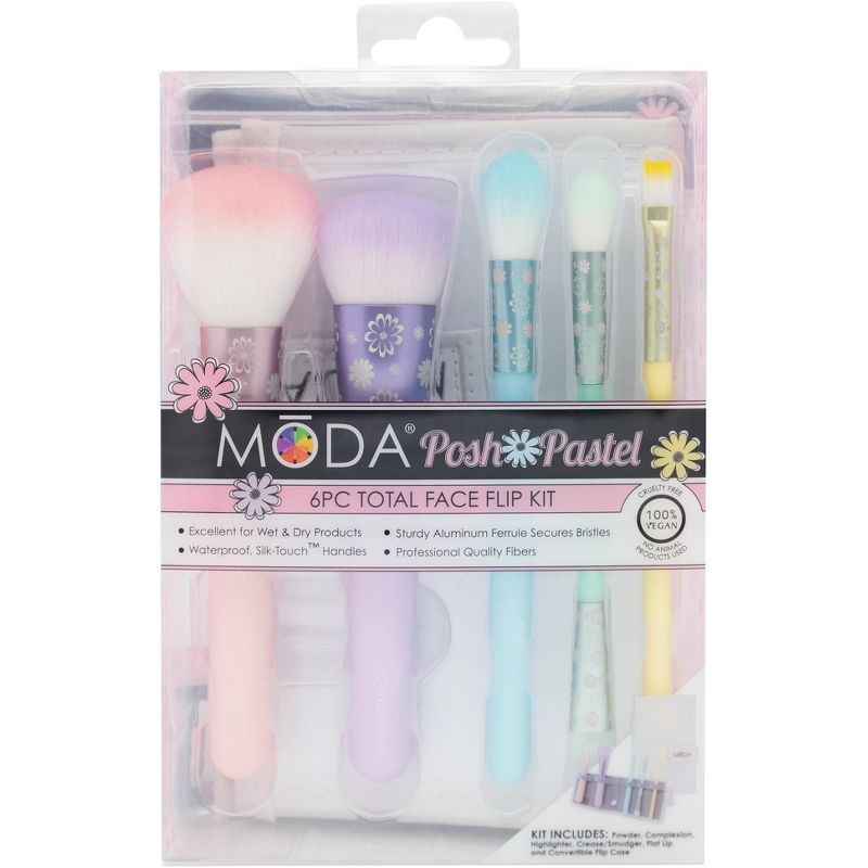 MODA Brush Posh Pastel 6pc Total Face Flip Kit Makeup Brush Set Set with Travel Flip Case, Includes - Powder, Highlighter, Crease/Smudger, and Flat Lip Brushes