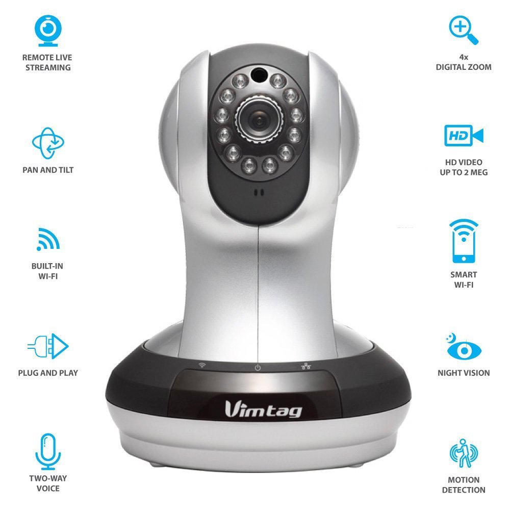 Vimtag VT-361 Super HD WiFi Video Monitoring Surveillance Security Camera, Plug/Play, Pan/Tilt with Two-Way Audio & Night Vision