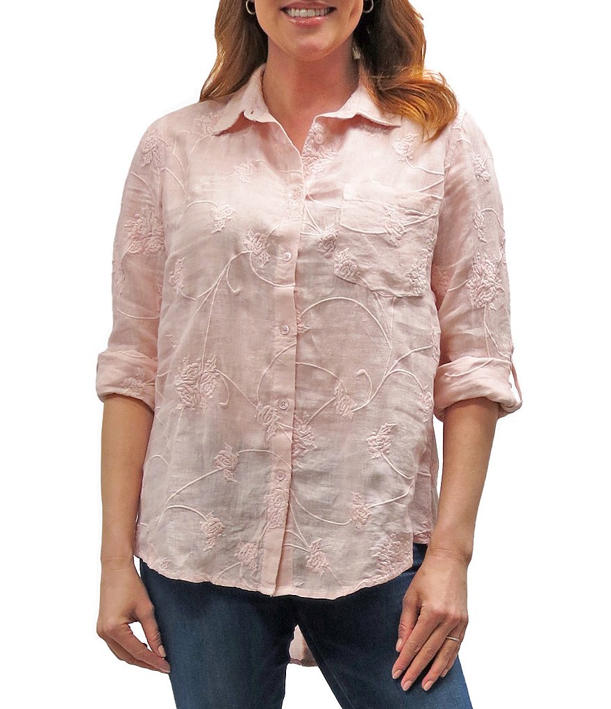 Karyn Seo Delilah All-Over Vintage Tonal Embroidered Roll-Tab Sleeve Button Down Linen Shirt