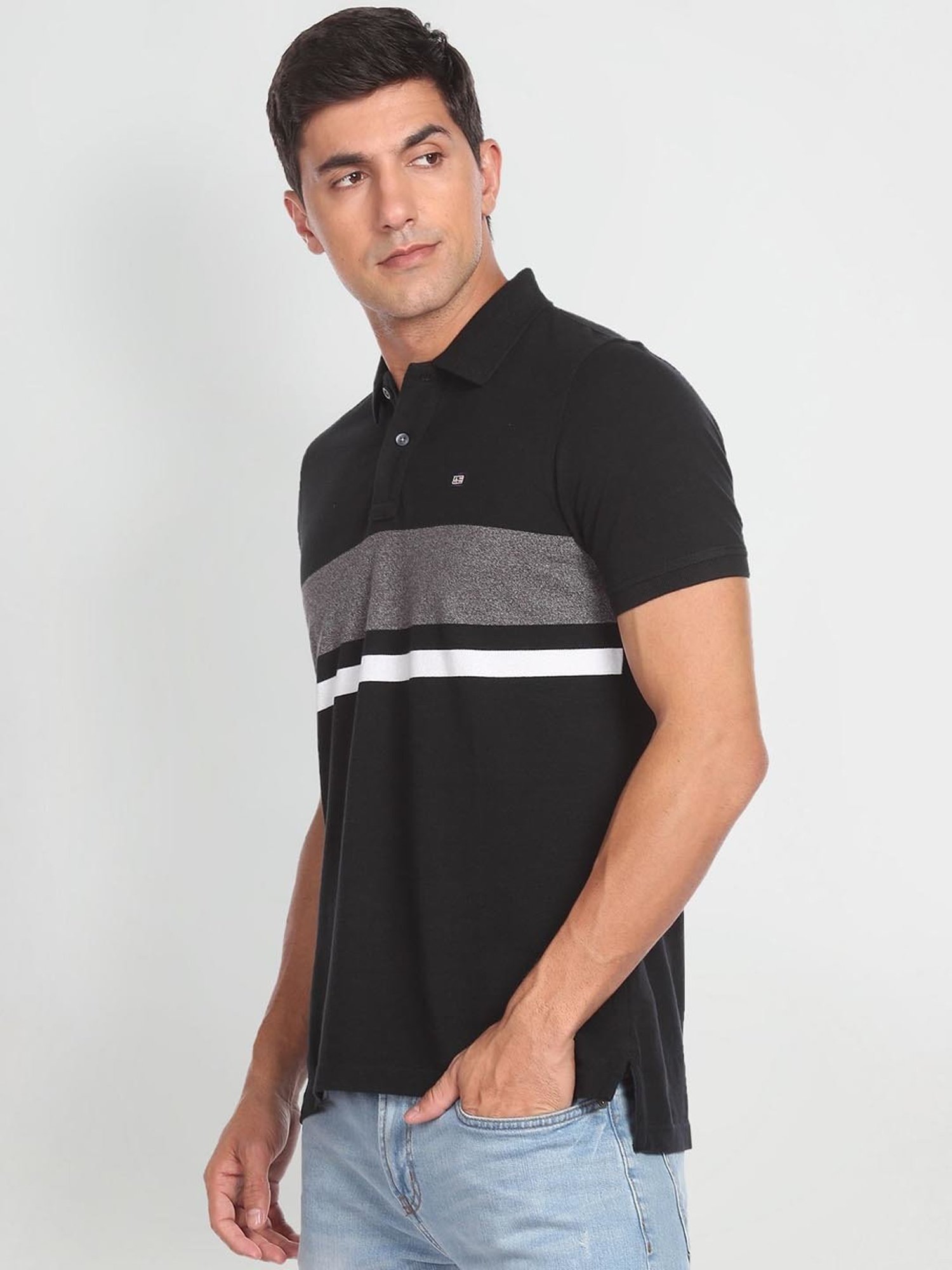 Arrow Sport Black Cotton Regular Fit Striped Polo T-Shirt