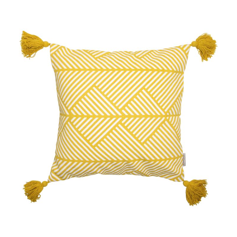 Yellow and White Patterned 20 x 20 inch Decorative Cotton Throw Pillow Cover with Insert and Hand Tied Tassels - Foreside Home & Garden