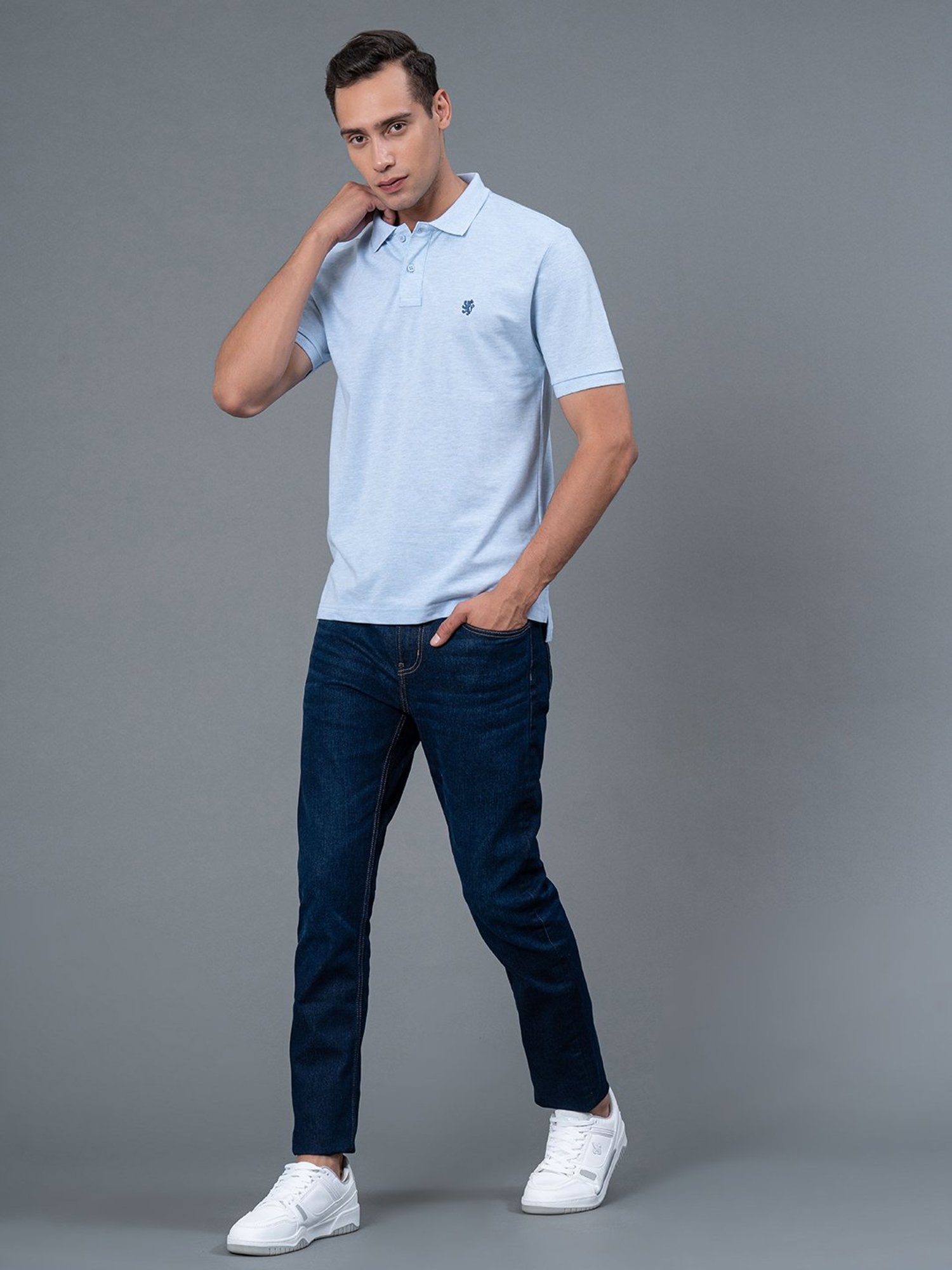 Red Tape Light Blue Melange Regular Fit Polo T-Shirt