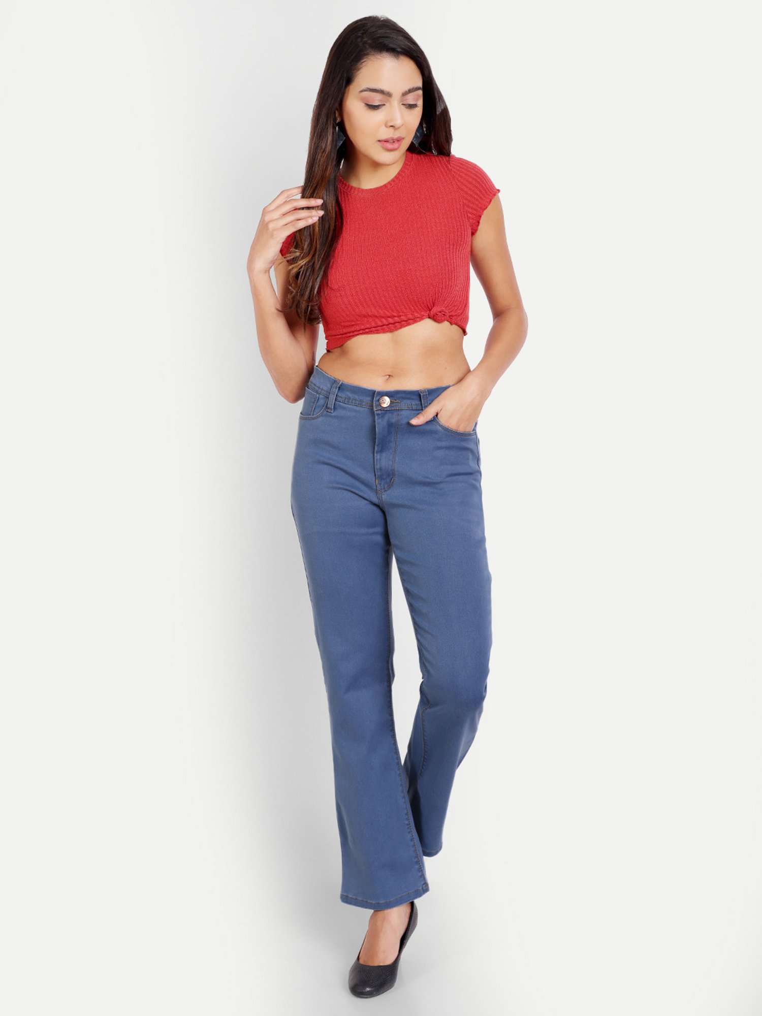 Angelfab Blue Cotton Flared Fit High Rise Bootcut Jeans