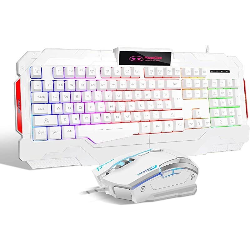 Gaming Keyboard and mouse Combo, GK806 LED Rainbow Backlit USB Keyboard and Mouse Set, G7 Gaming Mouse and Keyboard 104 Key Computer Gaming Keyboard with Wrist Rest-White