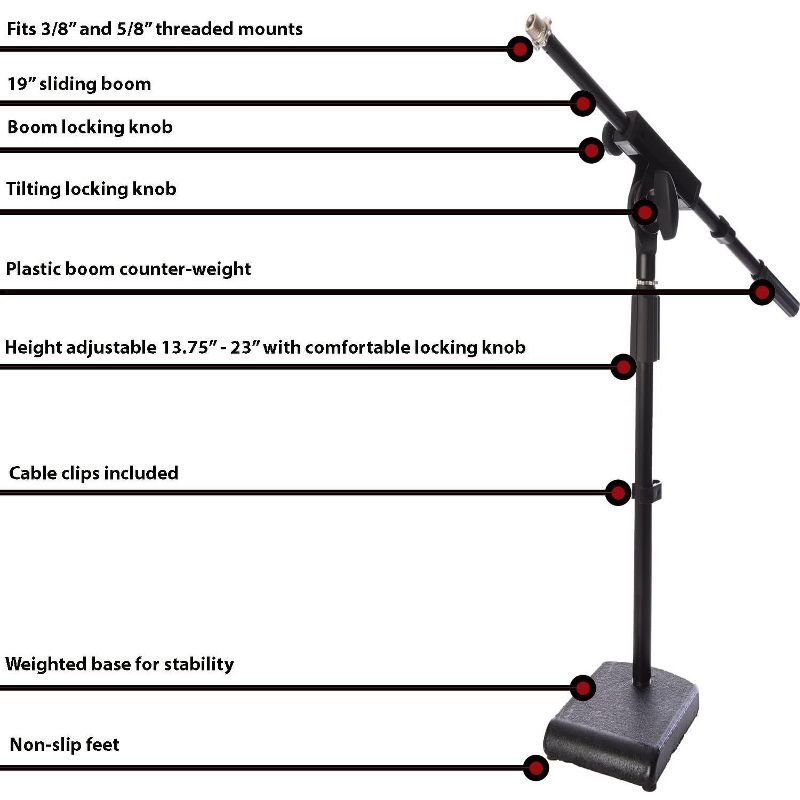 LyxPro KDS-1 Kick Drum Mic Stand, Low Profile Height Adjustable Microphone Boom Stand, Weighted Base, 3/8" and 5/8" threaded mounts for for Kick drums, Guitar Amps, and Desktop, Black