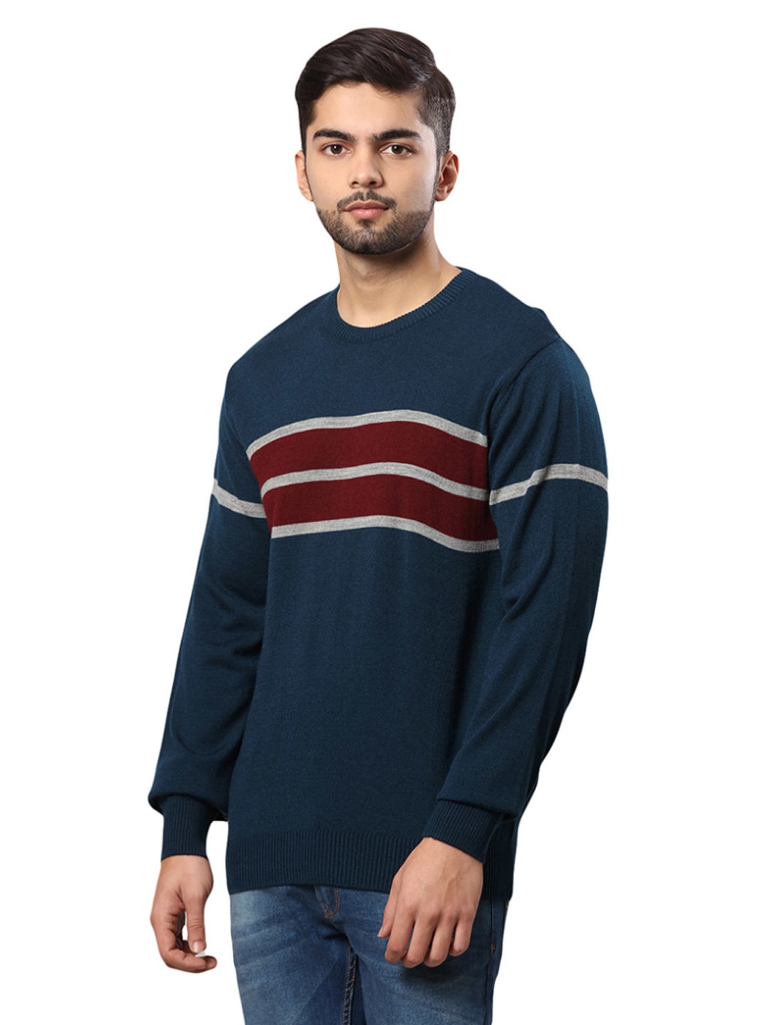 Raymond Blue & Brown Regular Fit Striped Sweater