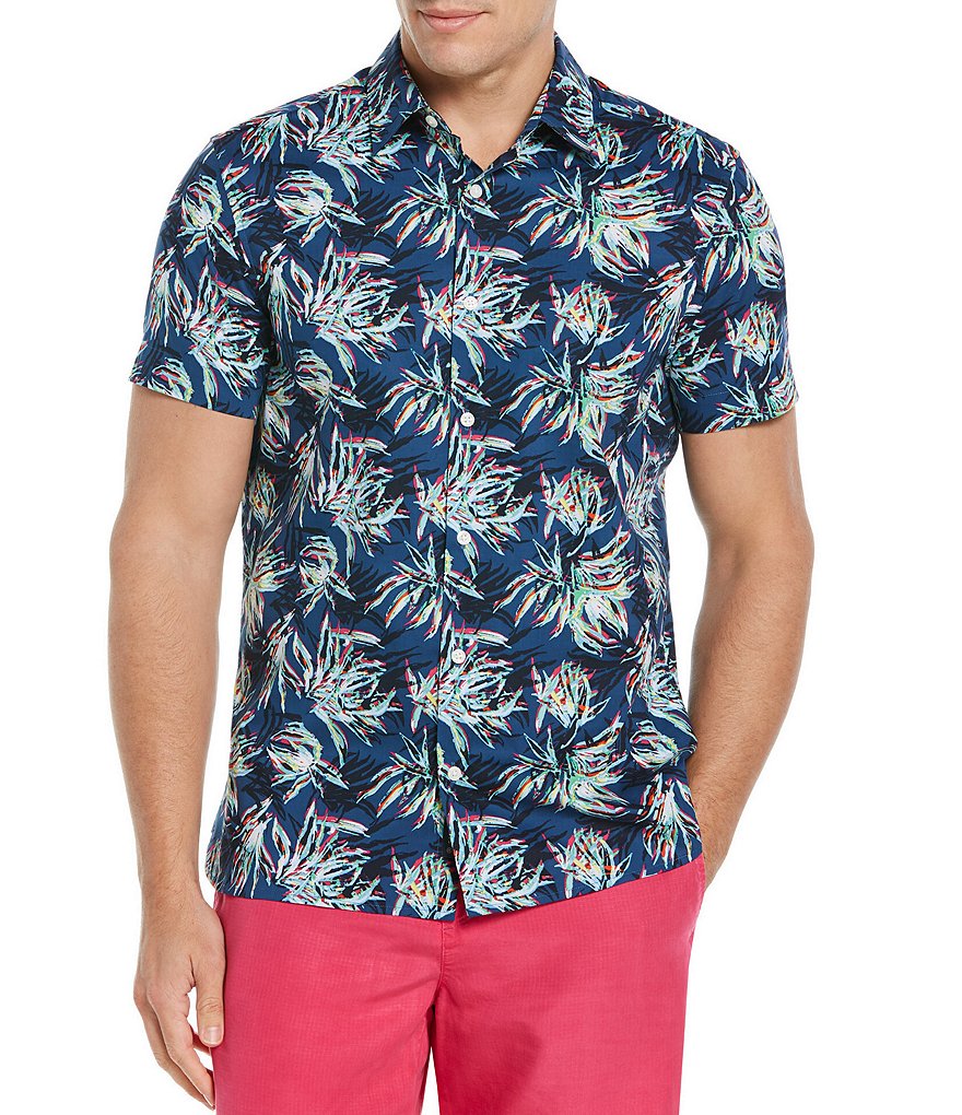 Perry Ellis Multi-Color Bird Print Stretch Short-Sleeve Woven Shirt