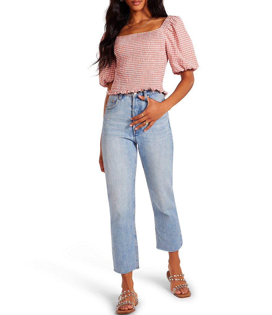 BB Dakota by Steve Madden Sunshine Superwoman Gingham Print Square Neck Puff Sleeve Top