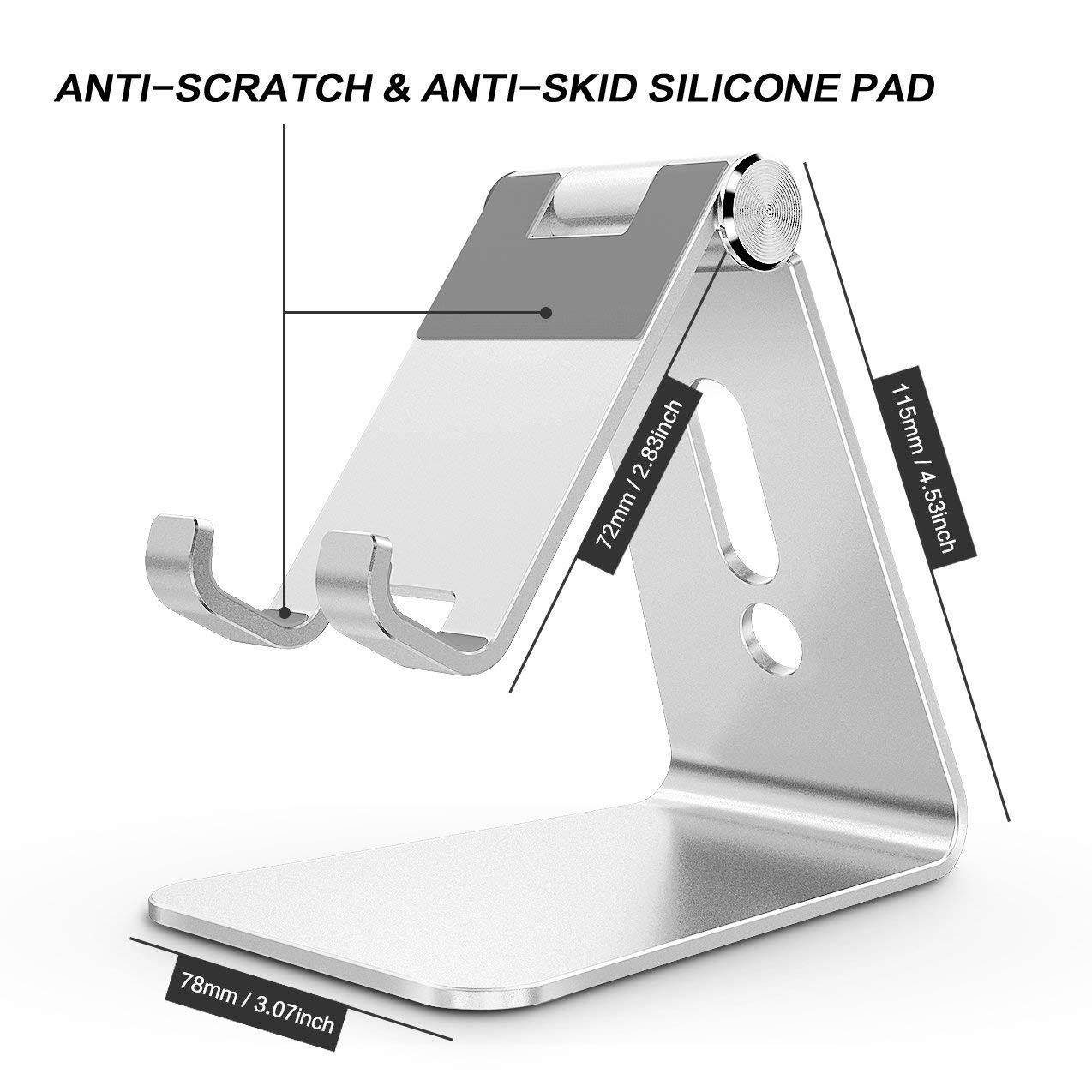 Adjustable Cell Phone Stand, OMOTON Aluminum Desktop Cellphone Stand with Anti-Slip Base and Convenient Charging Port, Fits All Smart Phones, Silver