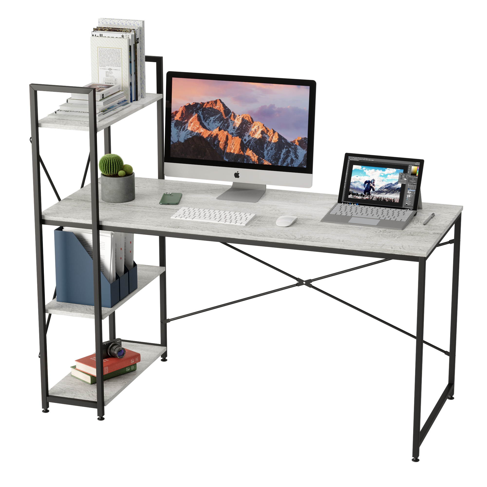 Bestier 63 Inch Computer Desk with Storage Shelves, Modern Bookshelf Desk with Headphone Hook Large Workstation Writing Desk with Reversible Bookshelves Home Office Work Table Study Desk Grey