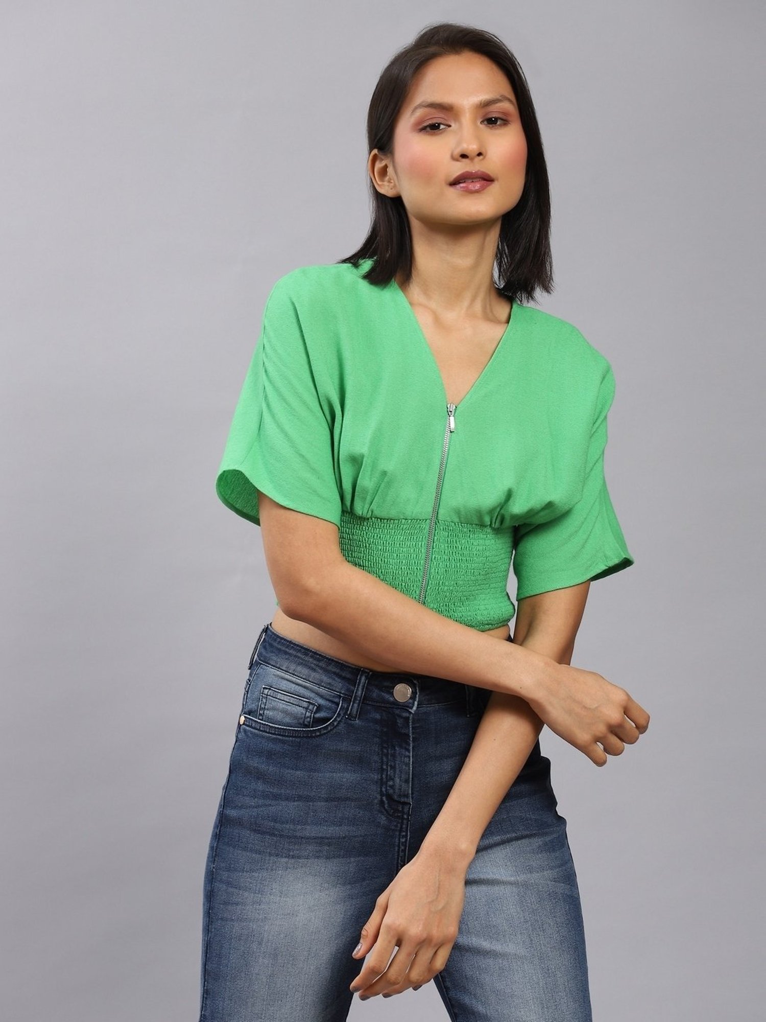 Label Ritu Kumar Green Cotton Blend Solid Cropped Zipper Top