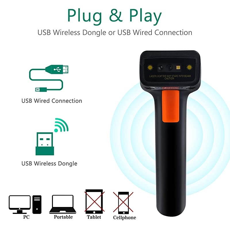 Barcode Scanner Wireless and Wired 1D 2D QR Digital Printed Bar Codes Reader Portable Handheld Barcode Scanner Compact with Magic Diamond Accurate Rapid Aiming System and Vibration Alert