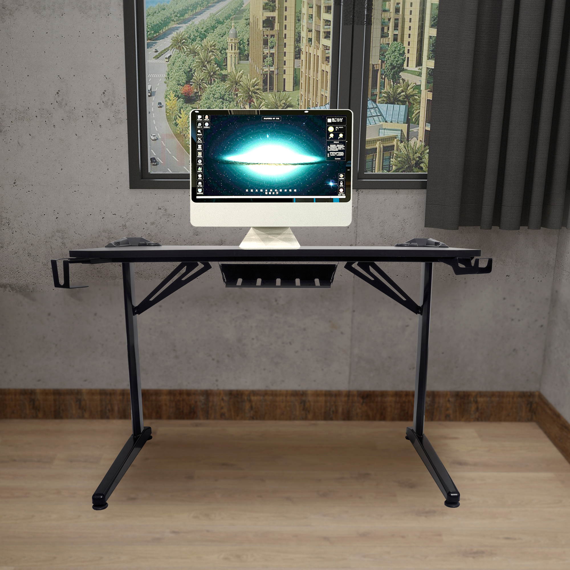 GOICHI Large Gaming Desk 43 Inch Computer Gaming Desk E-Sports Racing Table with with Cup Holder, Headphone Hook for Home Office, Black