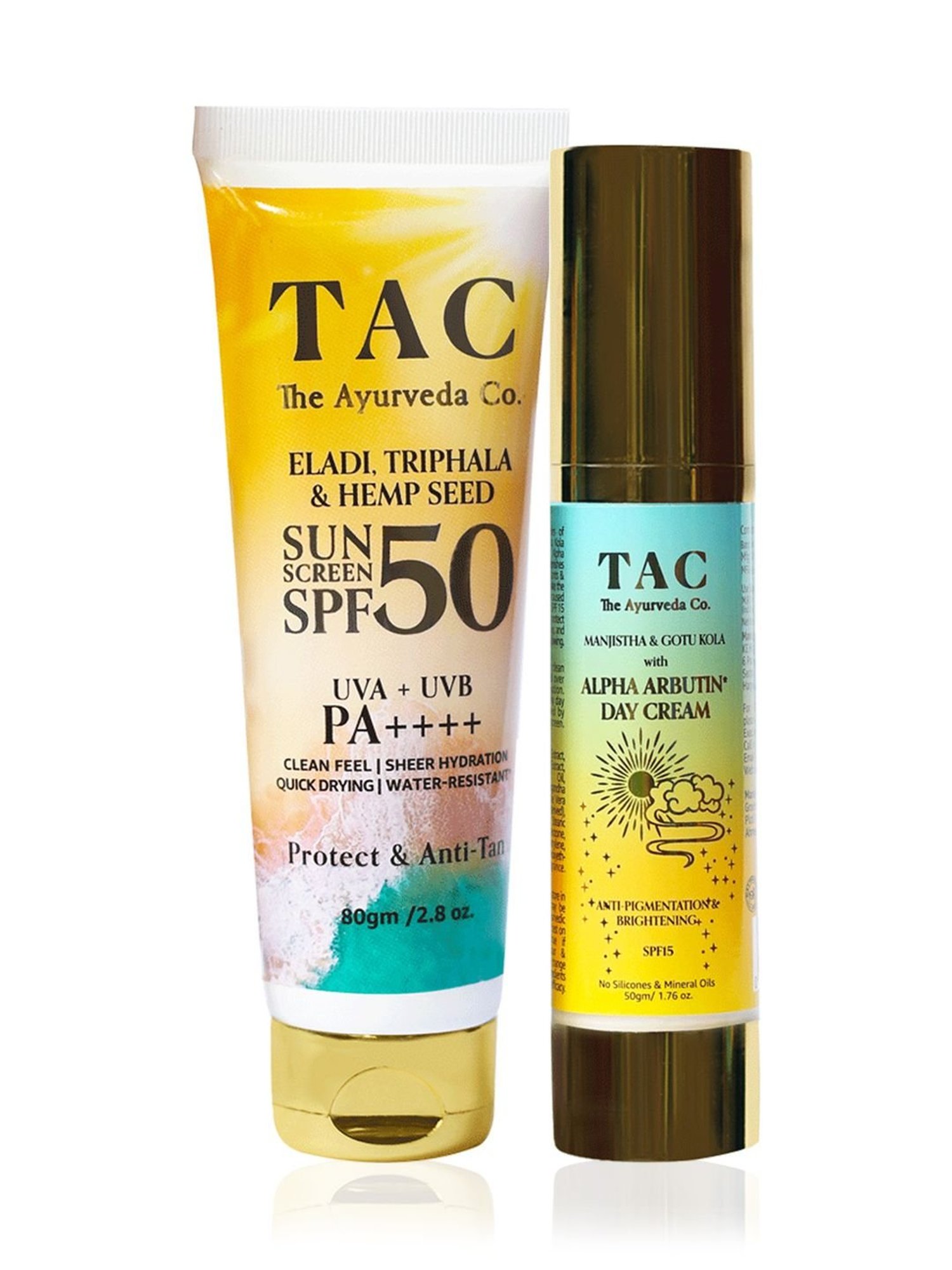 TAC - The Ayurveda Co. Day Cream SPF 15 & Eladi, Triphala & Hemp Seed SPF 50 Sunscreen