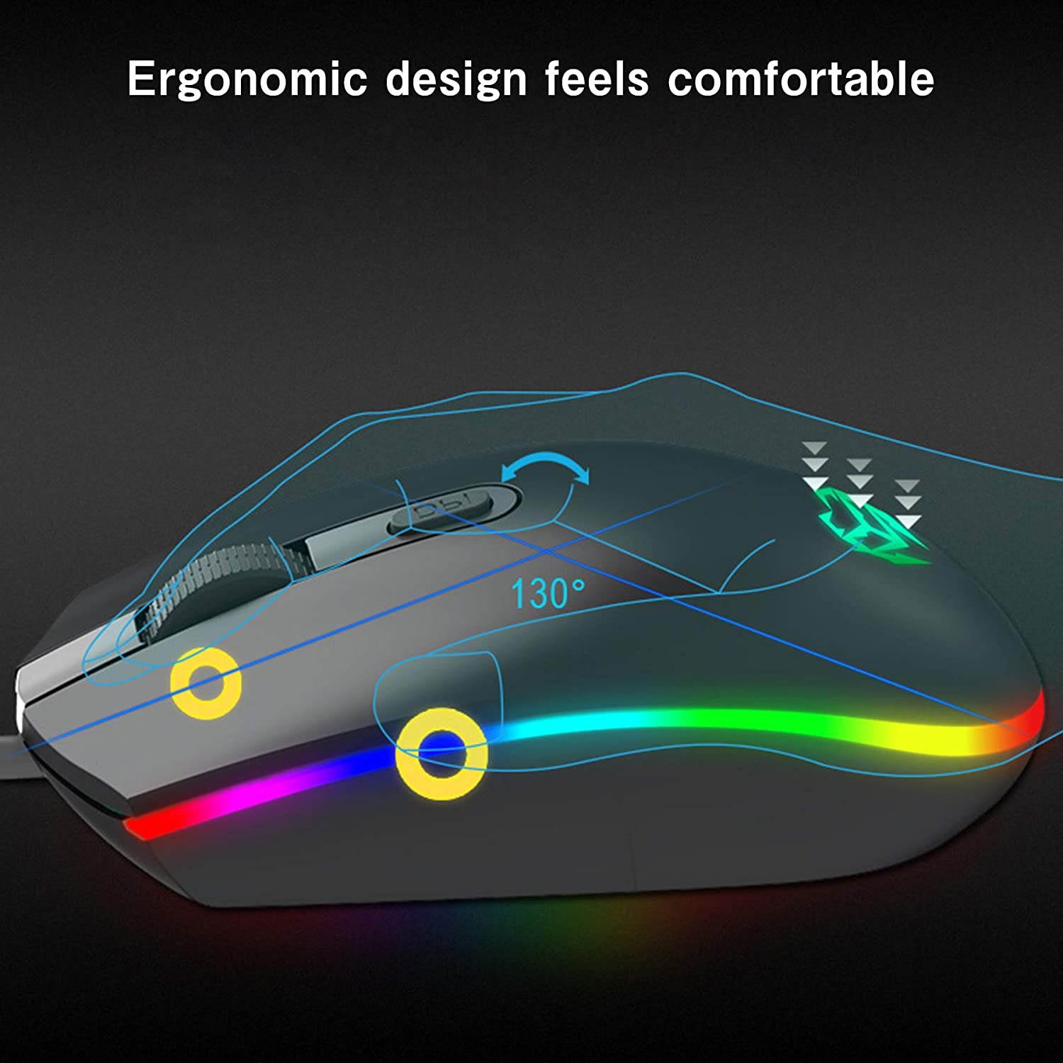 USB Wired Mouse, RGB Optical Silent Computer Game Mouse,1600 DPI Office and Gaming Mice,for Windows PC, Laptop, Desktop, Notebook (Black)