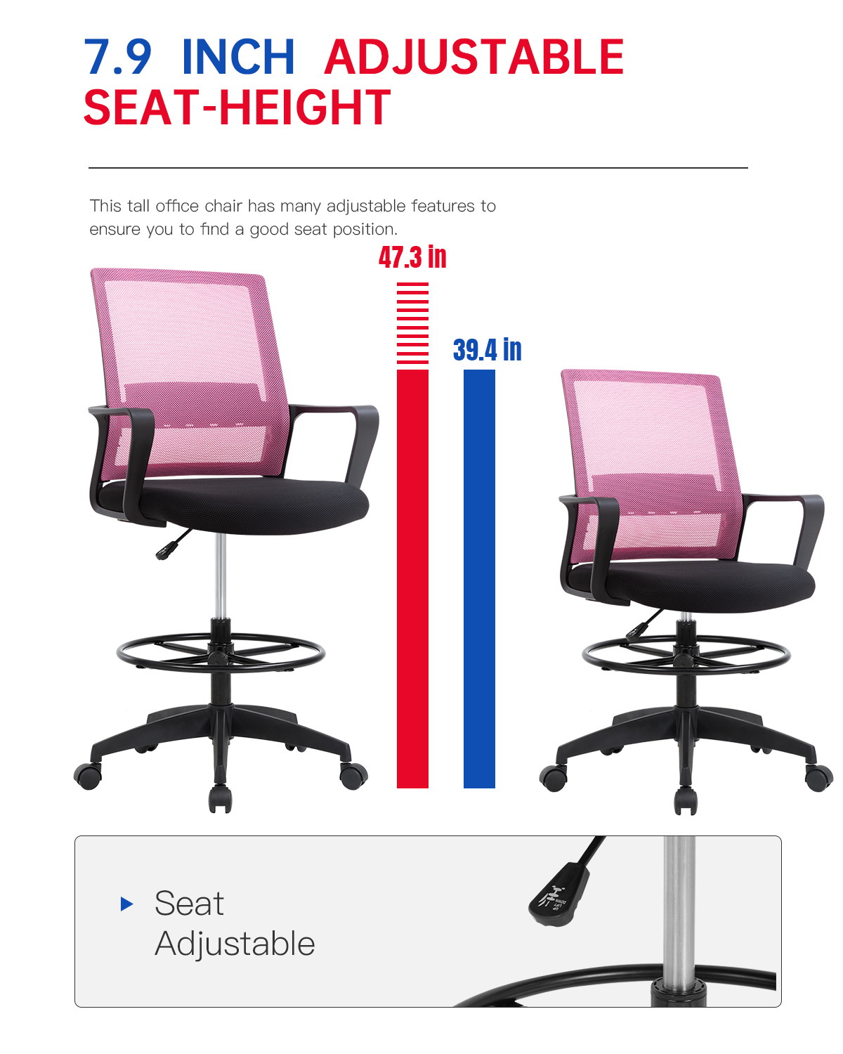 Drafting Chair Tall Office Chair Computer Chair Adjustable Height with Lumbar Support Arms Footrest Mid Back Task Desk Chair Swivel Rolling Mesh Drafting Stool for Adults Women Girls(Pink)