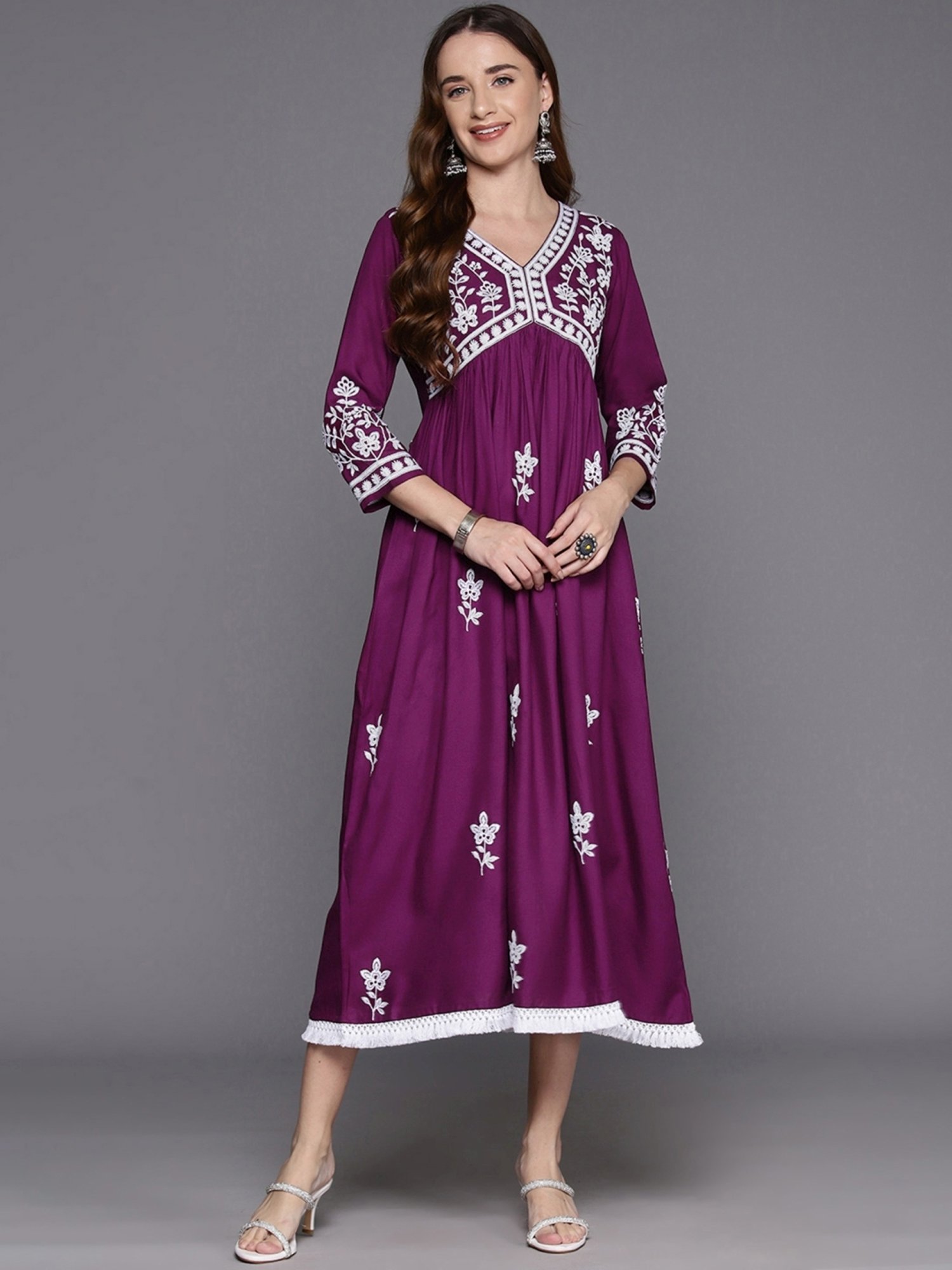 Indo Era Purple Embroidered A-Line Dress