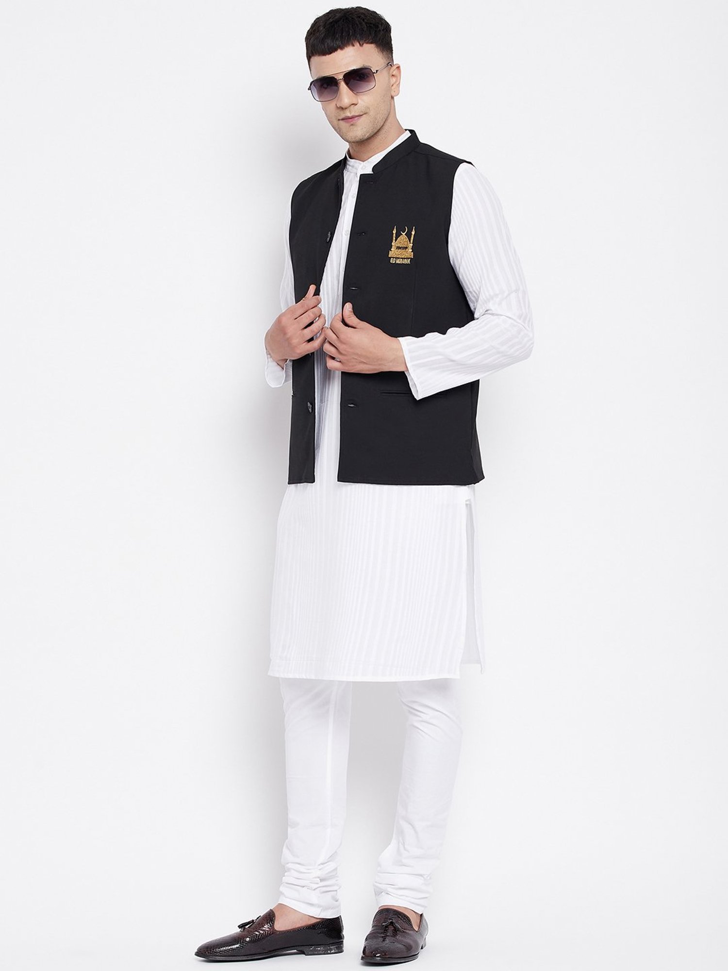 Even White & Black Kurta Churidar Set With Nehru Jacket