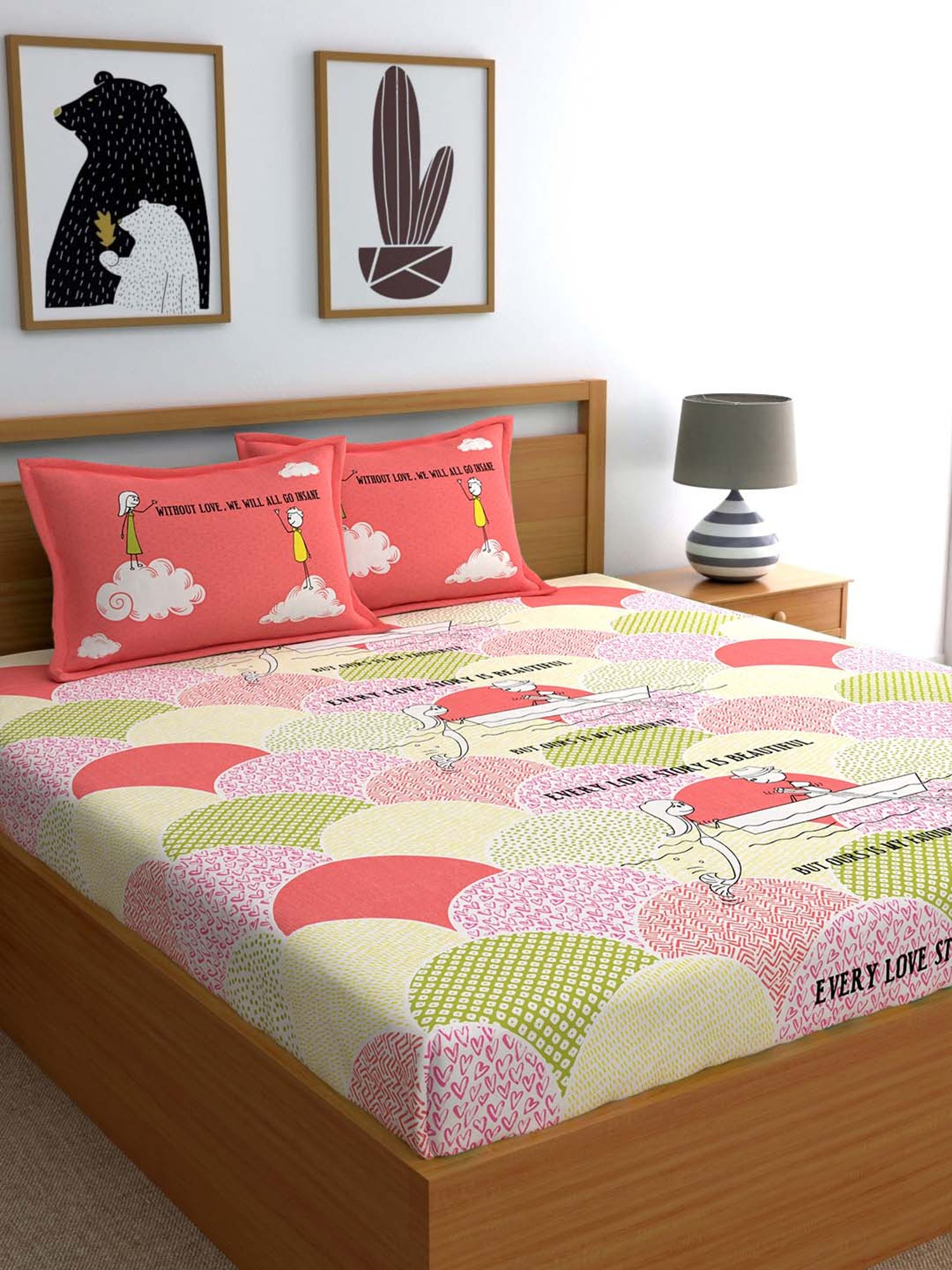 My Room Peach & Green 210 TC Cotton Bed Sheet Set
