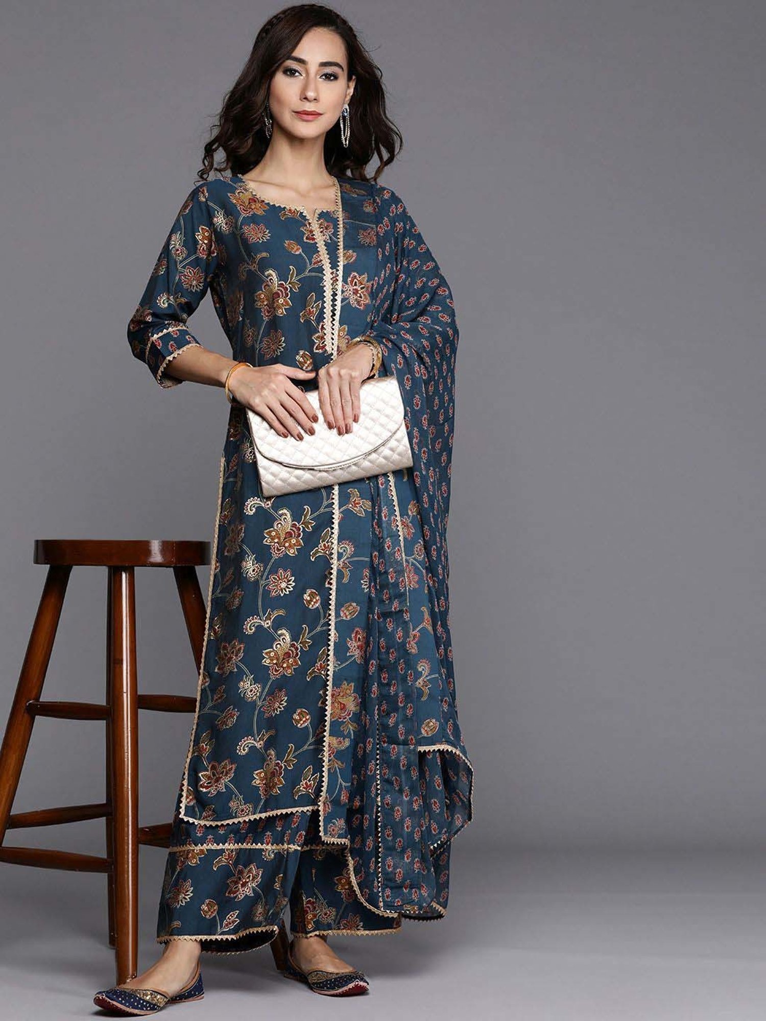 Libas Blue Printed Kurta Palazzo Set With Dupatta