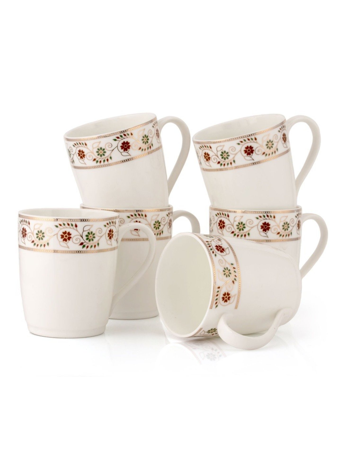 JCPL Printed White Ceramic Tea Cups- Set of 6 (200 ml each)