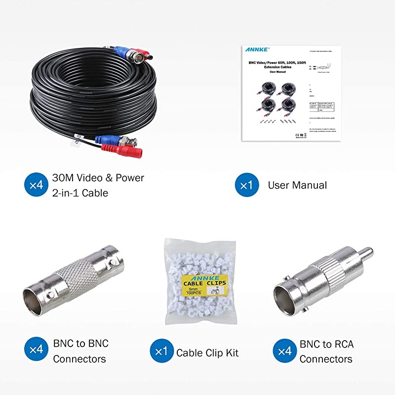 4 Pack 30M100ft AllinOne Video Power Cables BNC Extension Surveillance Camera Cables for CCTV Security DVR System Installation Free BNC RCA Connector and 100pcs Cable Clips Included Black
