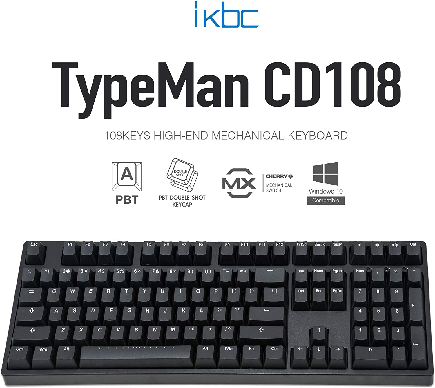 iKBC CD108 v2 Mechanical Keyboard with Cherry MX Clear Switch for Windows and Mac, Full Size Ergonomic Keyboard with PBT Double Shot Keycaps for Desktop and Laptop, 108-Key, Black, ANSI/US
