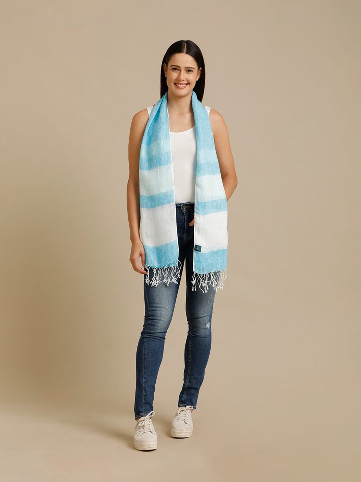 Linen Club Turquoise Blue Striped Pure Linen Stole