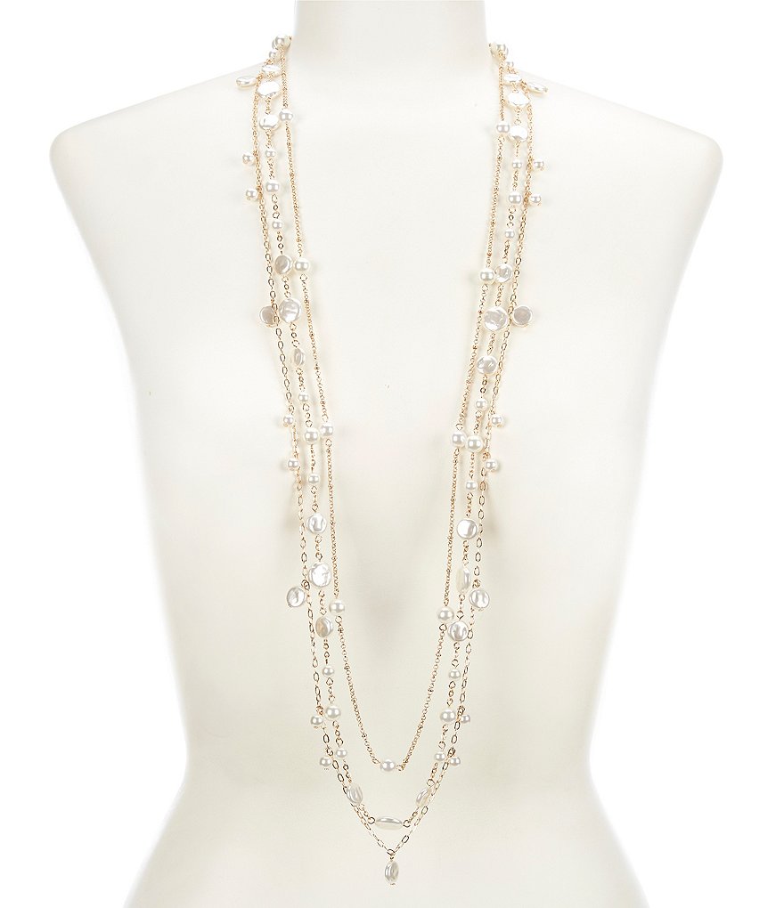 Gemma Layne 3 Row Pearl Multi Chain Long Strand Necklace