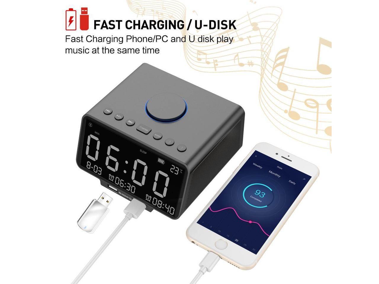 Alarm Clock Radio Wireless Bluetooth Stereo Speaker Digital Alarm Clock for Heavy Sleepers with FM Radio/AUX-IN/ Snooze,Auto Dimmer,Cell Phone USB Charging Night Lights Lamp Large LED Display Bedroom