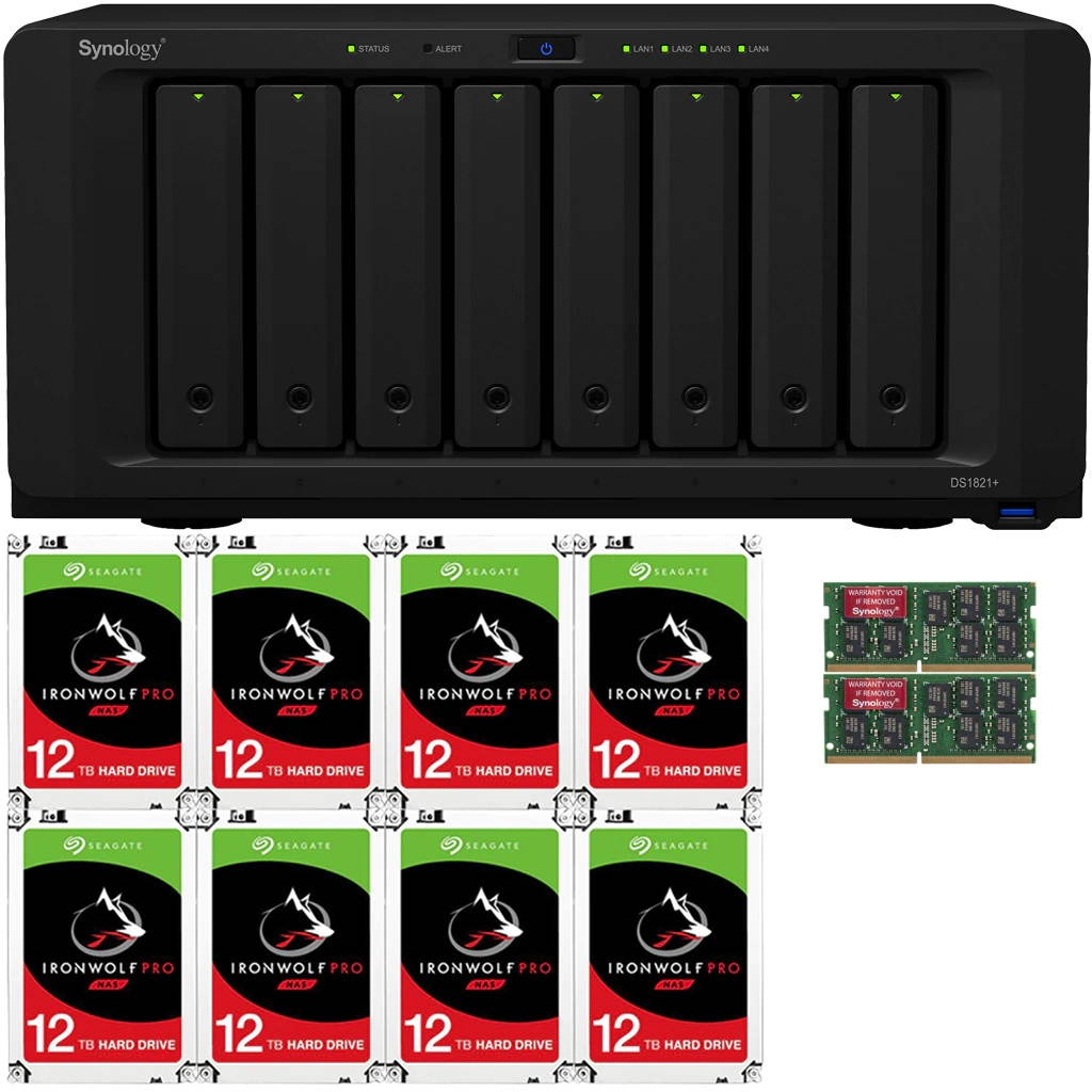 Synology DS1821+ DiskStation with 4GB RAM and 96TB (8 x 12TB) of Seagate Ironwolf PRO NAS Drives Fully Assembled and Tested By CustomTechSales