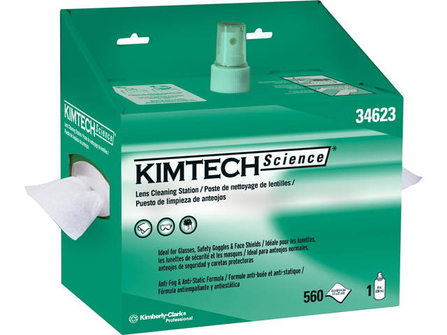 Kimtech Science Lens Cleaning Station, Pop-Up Box with 560 1-ply tissues and 8 oz. Cleaning Spray