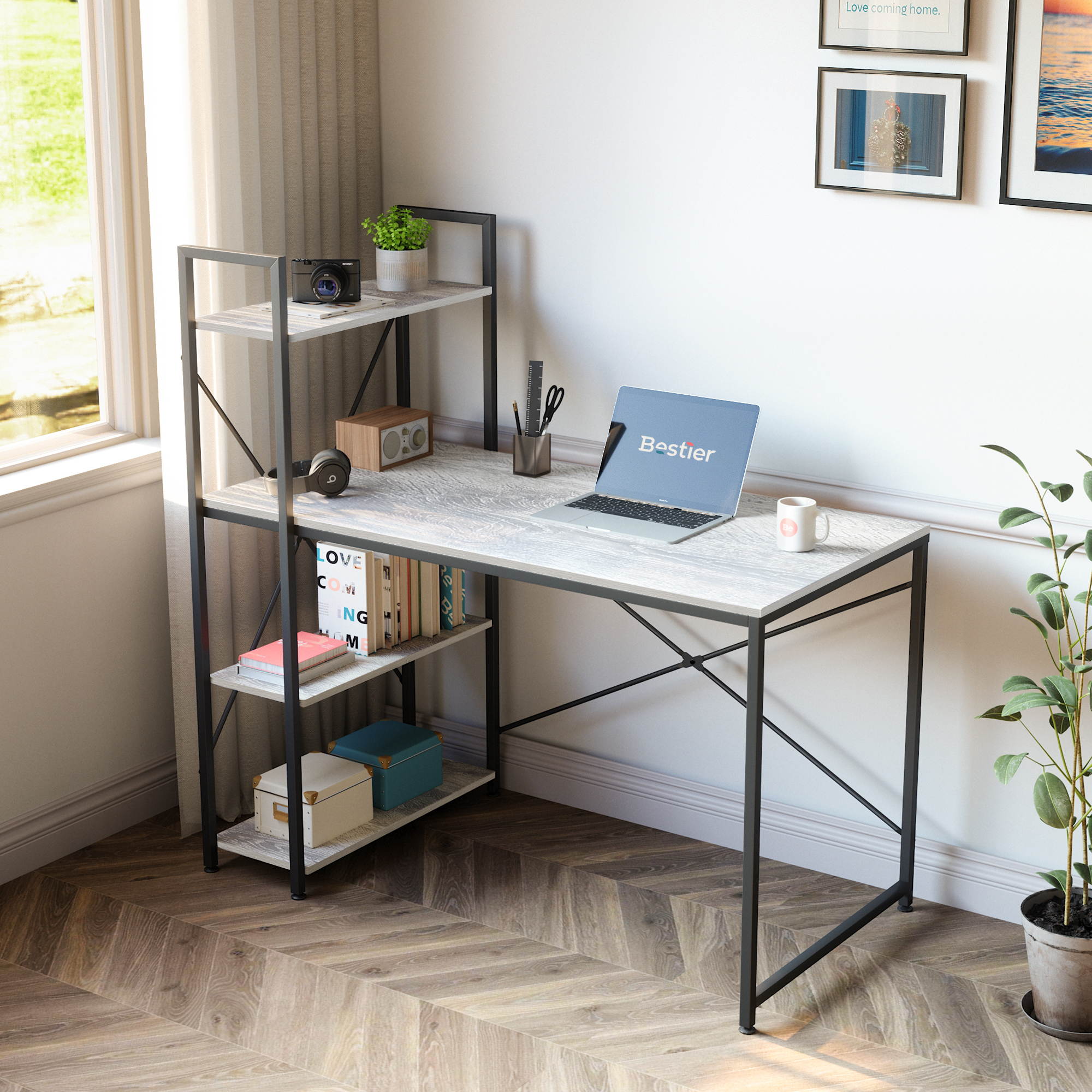 Bestier 63 Inch Computer Desk with Storage Shelves, Modern Bookshelf Desk with Headphone Hook Large Workstation Writing Desk with Reversible Bookshelves Home Office Work Table Study Desk Grey