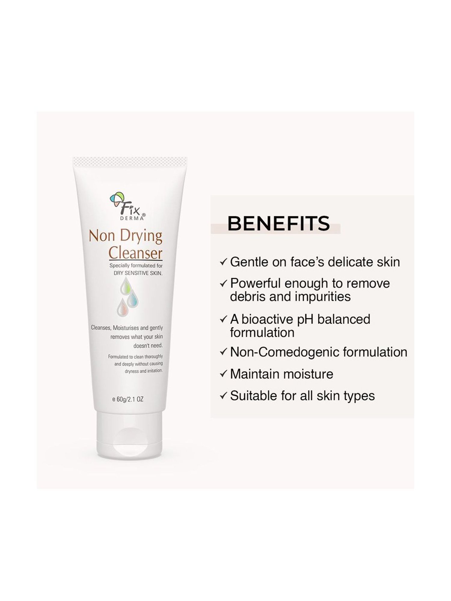 Fixderma Non Drying Cleanser, Dermatologist Tested, Non-Comedogenic - 60 gm