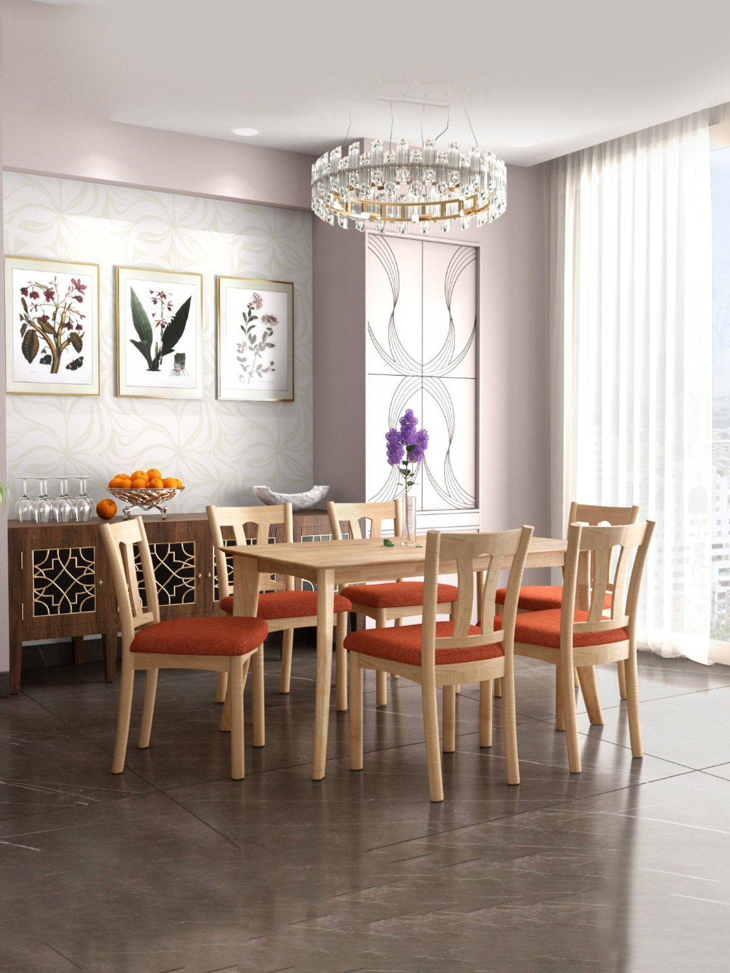 Godrej Interio Sandcastle Beige Rubber Wood 6 Seater Rectangular Dining Table